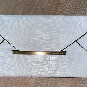 BCBGMaxAzria White Croc-Embossed Envelope Clutch with Gold Accent
